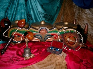 A collection of world music instruments.