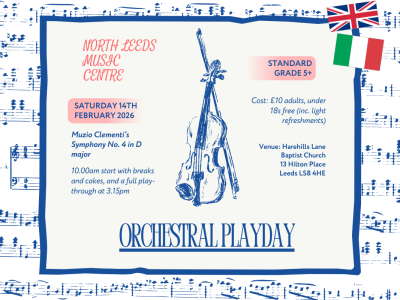 Flyer for the North Leeds Orchestral Playday. The information is repeated in the post.