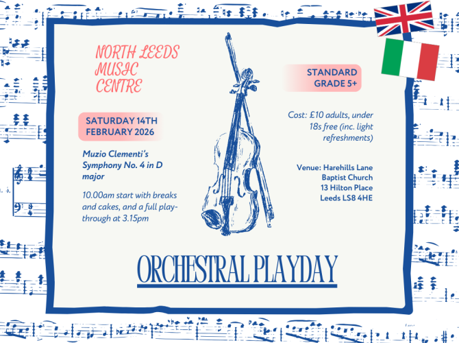 Flyer for the North Leeds Orchestral Playday. The information is repeated in the post.
