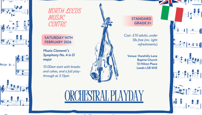Flyer for the North Leeds Orchestral Playday. The information is repeated in the post.