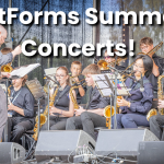 Leeds Youth Jazz Rock Orchestra playing on stage, playing saxophones and brass instruments. ArtForms Summer Concerts is in text over at the top.
