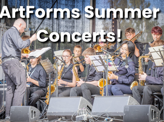 Leeds Youth Jazz Rock Orchestra playing on stage, playing saxophones and brass instruments. ArtForms Summer Concerts is in text over at the top.