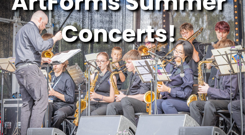Leeds Youth Jazz Rock Orchestra playing on stage, playing saxophones and brass instruments. ArtForms Summer Concerts is in text over at the top.